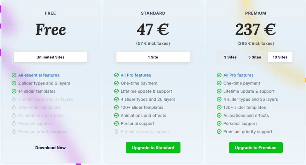 Tarifs et options de Smart Slider